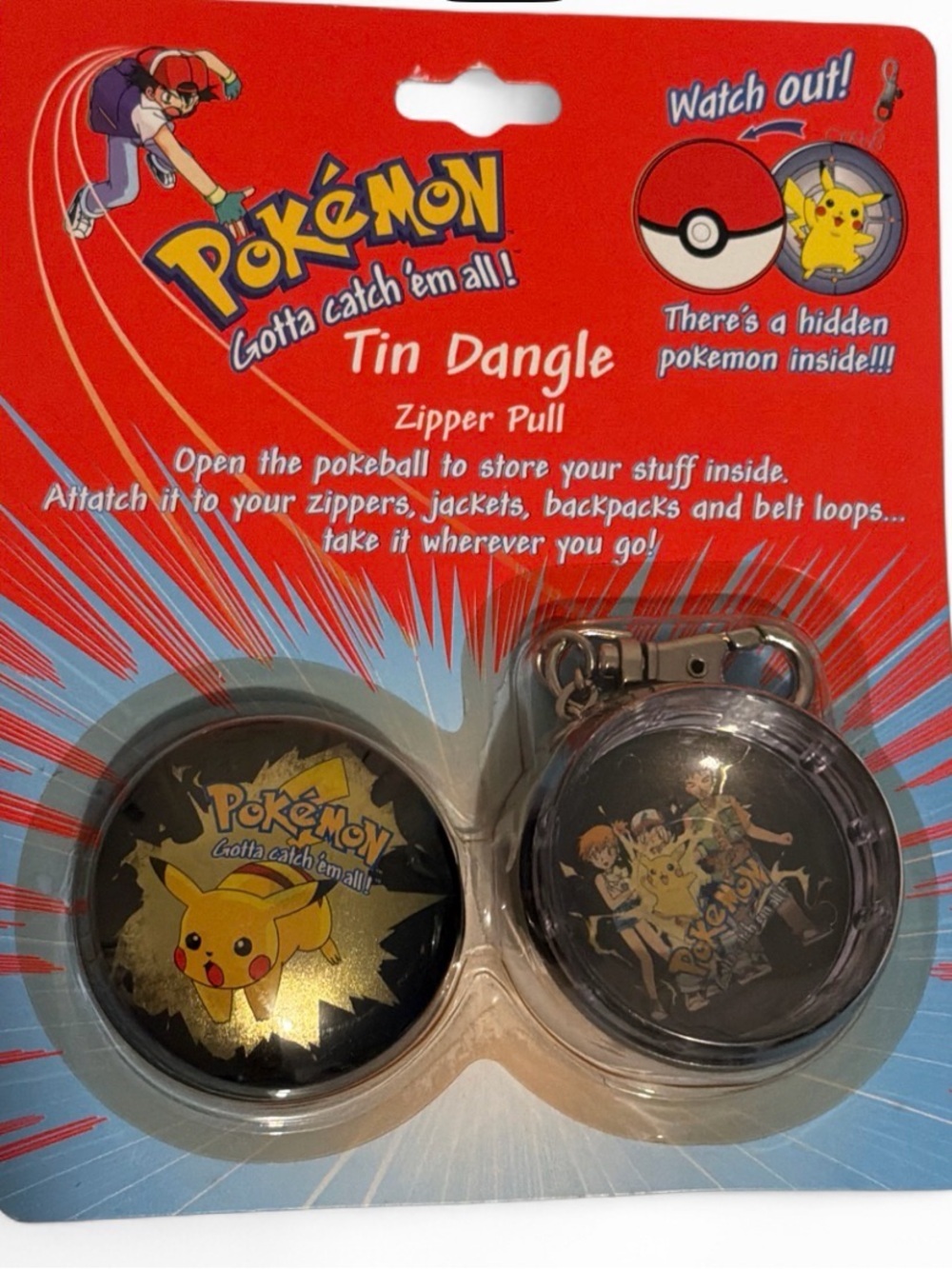 Vintage Pikachu Pokemon Tin Dangle Metal Keychain 1999, ORIGINAL PACKAGING.